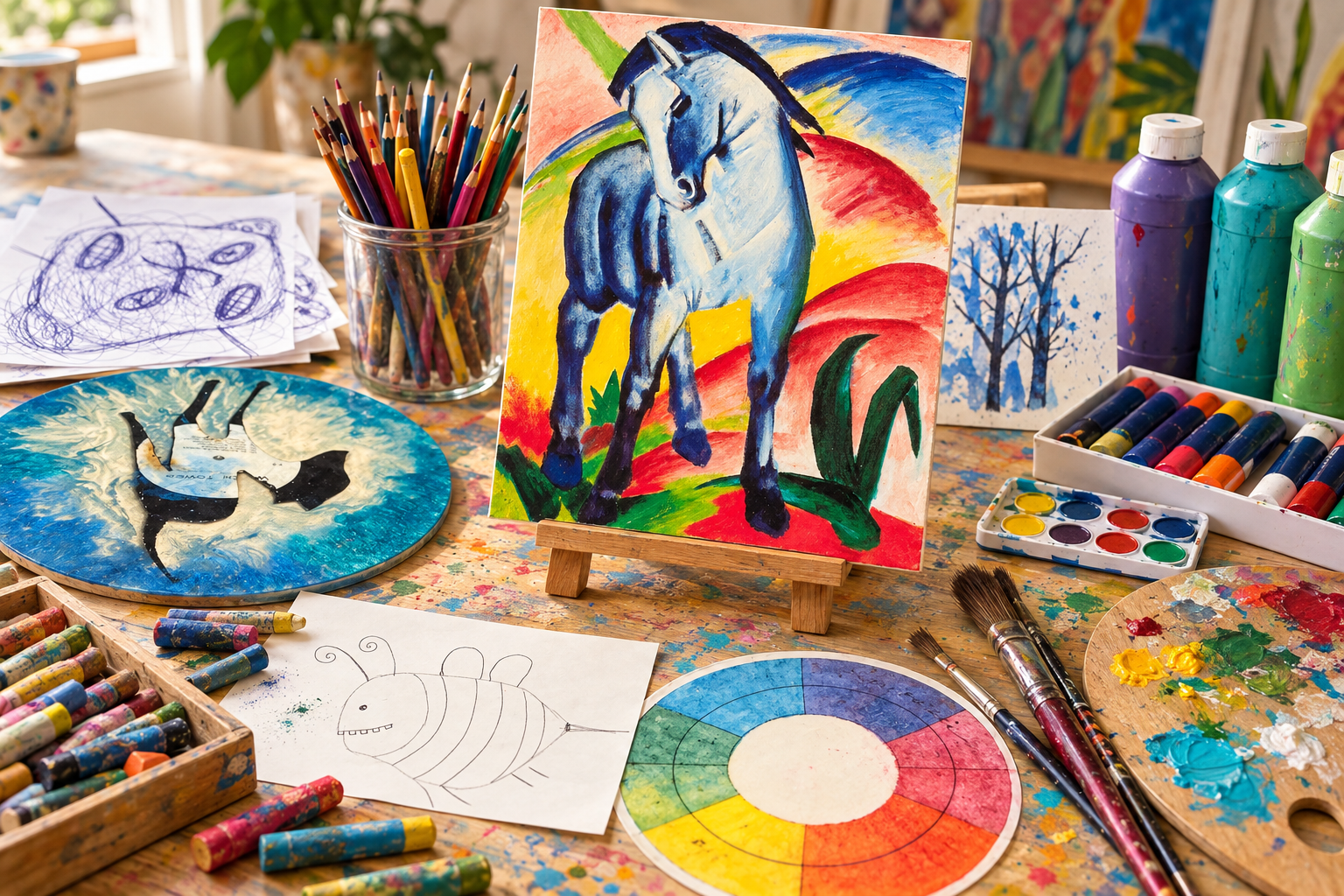 Farben, Bilder und Materialien für die Kreativkurse im Atelier Trefflich